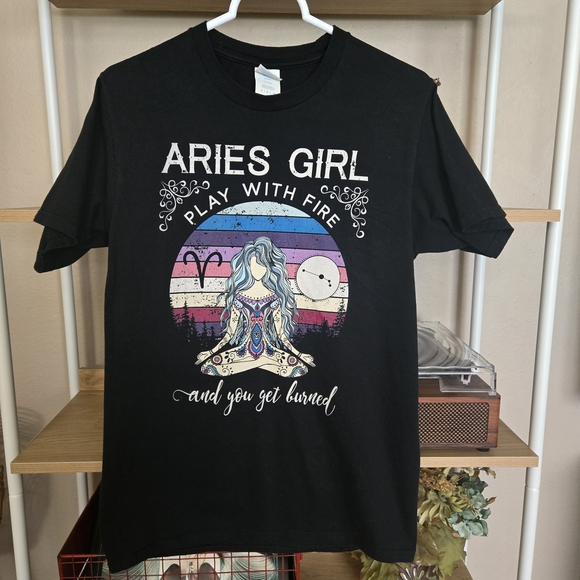 Port and Company Tops - Retro Aries Sign Zodiac T-shirt Womens Birthday Gift Theme Party Black Tee Small